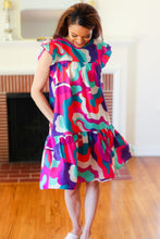 Load image into Gallery viewer, Go For Fun Fuchsia Geo Print Tiered Ruffle Sleeve Woven Dress