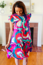 Load image into Gallery viewer, Go For Fun Fuchsia Geo Print Tiered Ruffle Sleeve Woven Dress