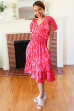 Load image into Gallery viewer, Remember Me Red & Pink Floral Print Smocked Waist Midi Dress