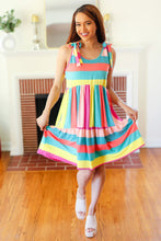 Load image into Gallery viewer, Start The Day Rainbow Stripe Shoulder Tie Tiered Dress