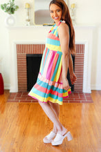 Load image into Gallery viewer, Start The Day Rainbow Stripe Shoulder Tie Tiered Dress