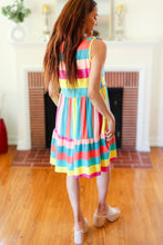 Load image into Gallery viewer, Start The Day Rainbow Stripe Shoulder Tie Tiered Dress