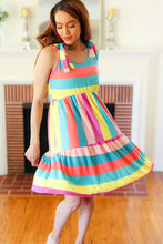 Load image into Gallery viewer, Start The Day Rainbow Stripe Shoulder Tie Tiered Dress