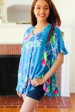 Load image into Gallery viewer, Feeling Playful Blue Floral Ruffle Sleeve & Hem Tunic Top