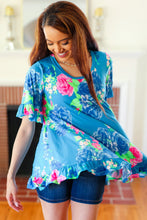 Load image into Gallery viewer, Feeling Playful Blue Floral Ruffle Sleeve & Hem Tunic Top