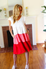 Load image into Gallery viewer, Peach & Cherry Red Tiered Frill Sleeve Midi Dress