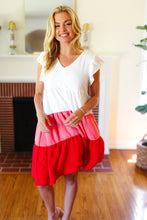 Load image into Gallery viewer, Peach & Cherry Red Tiered Frill Sleeve Midi Dress