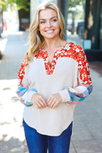 Load image into Gallery viewer, Feeling Femme Oatmeal Plaid Floral Color Block Notch Neck Top