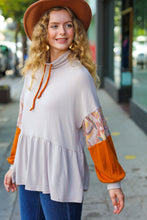 Load image into Gallery viewer, Taupe & Rust Turtleneck Babydoll Terry Top