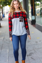Load image into Gallery viewer, All Of Me Grey & Red Plaid Animal Print Pocketed Top