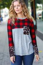 Load image into Gallery viewer, All Of Me Grey & Red Plaid Animal Print Pocketed Top