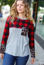Load image into Gallery viewer, All Of Me Grey & Red Plaid Animal Print Pocketed Top