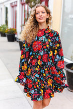 Load image into Gallery viewer, Lock Eyes Black Floral Sequin Print Ruffle Sleeve Frill Mock Neck Dress