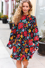 Load image into Gallery viewer, Lock Eyes Black Floral Sequin Print Ruffle Sleeve Frill Mock Neck Dress