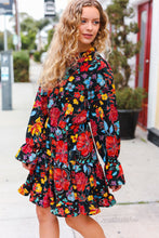 Load image into Gallery viewer, Lock Eyes Black Floral Sequin Print Ruffle Sleeve Frill Mock Neck Dress