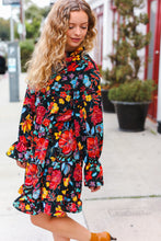 Load image into Gallery viewer, Lock Eyes Black Floral Sequin Print Ruffle Sleeve Frill Mock Neck Dress