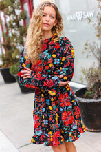 Load image into Gallery viewer, Lock Eyes Black Floral Sequin Print Ruffle Sleeve Frill Mock Neck Dress