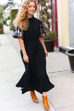 Load image into Gallery viewer, Black Floral Sequin Puff Sleeve Mock Neck Tiered Maxi Dress