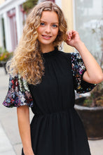 Load image into Gallery viewer, Black Floral Sequin Puff Sleeve Mock Neck Tiered Maxi Dress