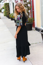 Load image into Gallery viewer, Black Floral Sequin Puff Sleeve Mock Neck Tiered Maxi Dress