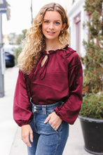 Load image into Gallery viewer, Holiday Vibes Burgundy Frill Detail Tie Neck Satin Top