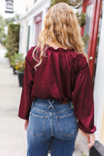 Load image into Gallery viewer, Holiday Vibes Burgundy Frill Detail Tie Neck Satin Top