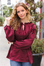 Load image into Gallery viewer, Holiday Vibes Burgundy Frill Detail Tie Neck Satin Top