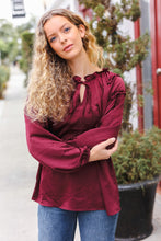 Load image into Gallery viewer, Holiday Vibes Burgundy Frill Detail Tie Neck Satin Top