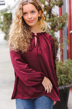 Load image into Gallery viewer, Holiday Vibes Burgundy Frill Detail Tie Neck Satin Top