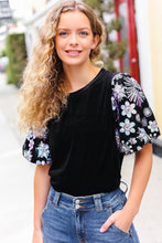 Load image into Gallery viewer, Feeling Glamorous Black Floral Sequin Puff Sleeve Velvet Top