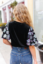 Load image into Gallery viewer, Feeling Glamorous Black Floral Sequin Puff Sleeve Velvet Top
