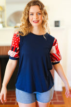 Load image into Gallery viewer, Stand-Out Navy Patriotic Patchwork Puff Sleeve Top