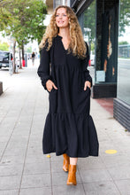 Load image into Gallery viewer, Lock Eyes Black Notched Neck Frill Hem Tiered Maxi Dress