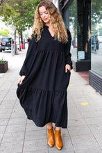 Load image into Gallery viewer, Lock Eyes Black Notched Neck Frill Hem Tiered Maxi Dress