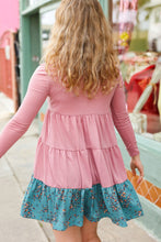 Load image into Gallery viewer, Looking Your Way Mauve & Teal Floral Ruffle Terry Tiered Dress