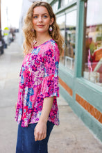 Load image into Gallery viewer, Diva Pink & Blue Floral Print Babydoll Bell Sleeve Top