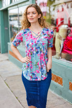 Load image into Gallery viewer, Sunny Days Light Teal Floral Criss Cross V Neck Babydoll Top