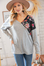 Load image into Gallery viewer, Grey & Black Floral Surplice Button Knit Top