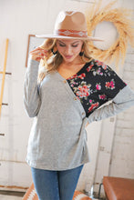 Load image into Gallery viewer, Grey & Black Floral Surplice Button Knit Top