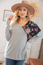 Load image into Gallery viewer, Grey & Black Floral Surplice Button Knit Top