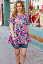 Load image into Gallery viewer, Femme' Fuchsia & Navy Floral Ruffle Hem Tiered Top