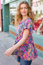 Load image into Gallery viewer, Femme' Fuchsia & Navy Floral Ruffle Hem Tiered Top