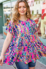 Load image into Gallery viewer, Femme' Fuchsia & Navy Floral Ruffle Hem Tiered Top
