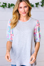 Load image into Gallery viewer, Grey Floral Crochet Print Puff Sleeve Top
