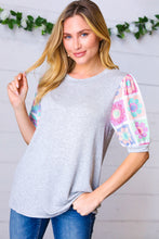 Load image into Gallery viewer, Grey Floral Crochet Print Puff Sleeve Top