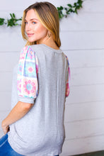 Load image into Gallery viewer, Grey Floral Crochet Print Puff Sleeve Top