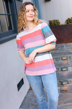 Load image into Gallery viewer, Look Out Teal & Rose Striped Hacci Knit Puff Sleeve Top