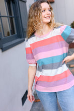 Load image into Gallery viewer, Look Out Teal & Rose Striped Hacci Knit Puff Sleeve Top