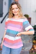 Load image into Gallery viewer, Look Out Teal & Rose Striped Hacci Knit Puff Sleeve Top