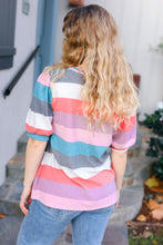 Load image into Gallery viewer, Look Out Teal & Rose Striped Hacci Knit Puff Sleeve Top
